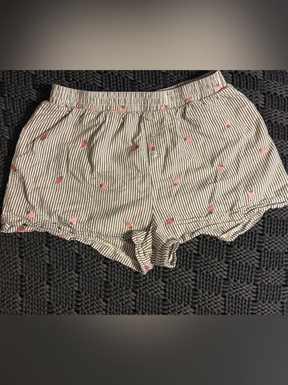 Striped Seersucker Athletic Shorts with Pink Strawberry Accents